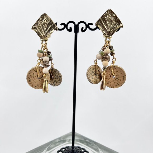 NWOT - Artisan BOHO Gold Tone Textured Dangle Clip-On Earrings - Picture 2 of 7